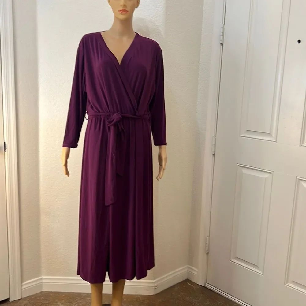Koh Koh Dress Size XXXL Plum Purple Wrap V Neck Long Sleeve Tie Belt Midi New